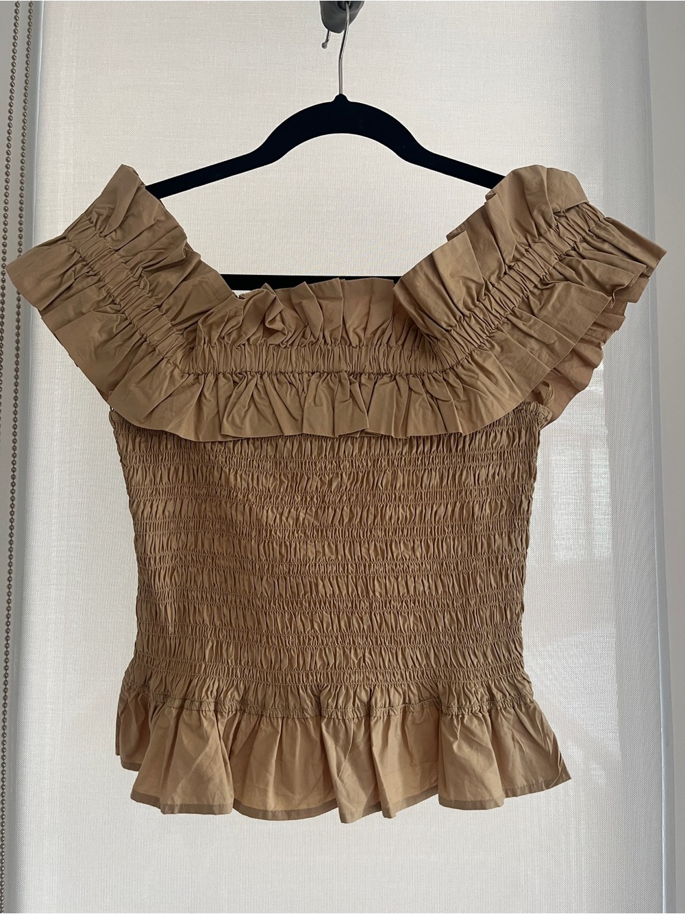 Ganni Smocked Off-Shoulder Ruffle Top - Picture 2 of 4